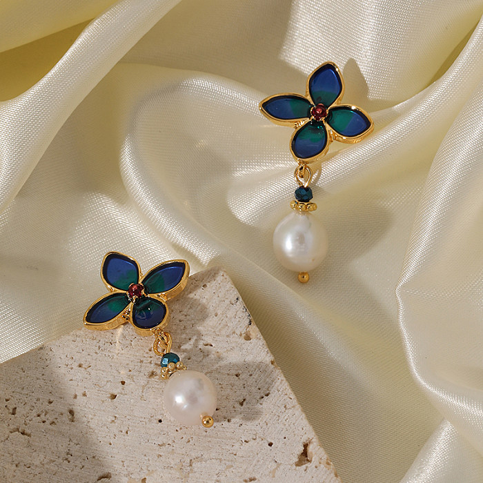 1 Pair Elegant Artistic Commute Flower Enamel Plating Inlay Copper Freshwater Pearl 18K Gold Plated Drop Earrings