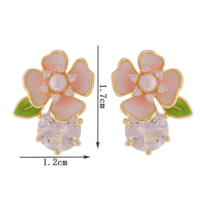1 paire de clous d'oreilles en cuivre et Zircon plaqué or 14 carats, Style français, incrustation de fleurs douces