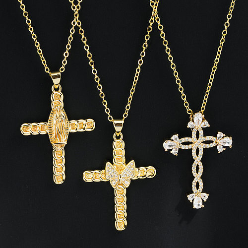 Mode Kreuz Kupfer Anhänger Halskette Inlay Zirkon Kupfer Halsketten
