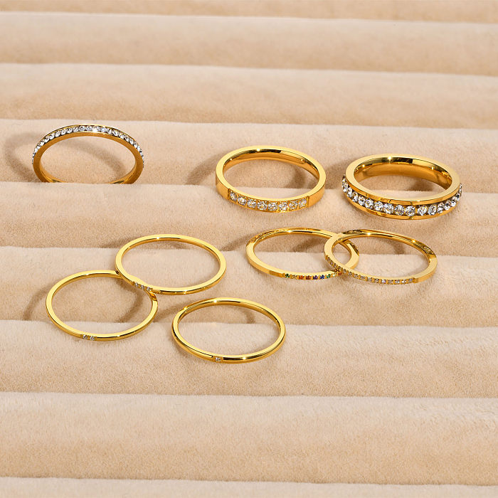 IG-Stil, schlichter Stil, einfarbig, Edelstahl-Beschichtung, Inlay, Zirkon, 18 Karat vergoldete Ringe