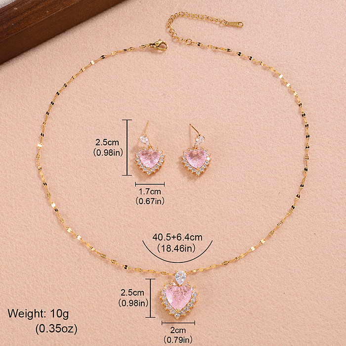 Conjunto de joias com colar de brincos banhados a ouro de zircônia em forma de coração doce estilo IG