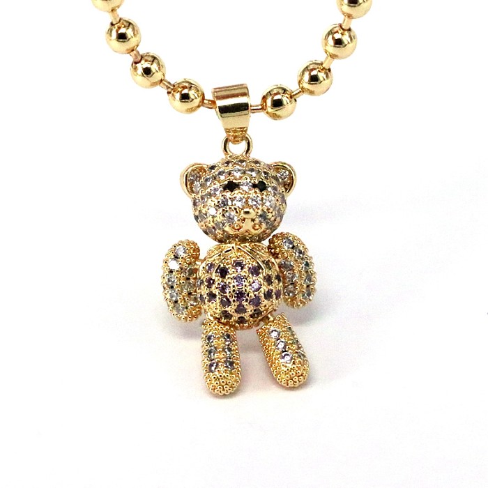 Hip-Hop Streetwear Little Bear Copper Gold Plated Zircon Pendant Necklace In Bulk