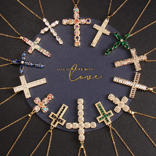 Glam Cross Copper Zircon Pendant Necklace In Bulk