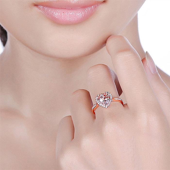 Sweet Heart Shape Copper Plating Inlay Zircon Rose Gold Plated Open Rings