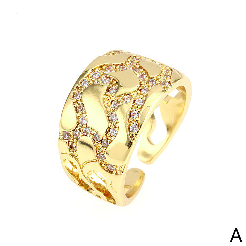 Vintage Style Star Moon Lines Copper Plating Inlay Zircon 18K Gold Plated Open Rings