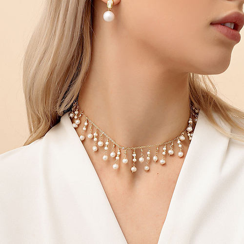 Elegante Halskette mit Quasten-Kupferbeschichtung und Inlay-Perle, 18 Karat vergoldet