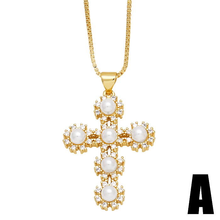IG Style Vintage Style Fashion Cross Copper Plating Inlay Pearl Zircon 18K Gold Plated Necklace