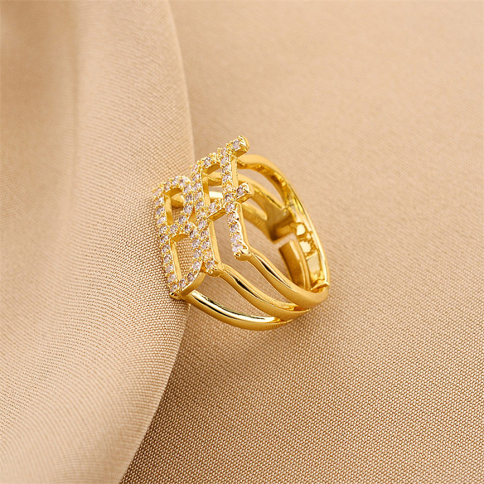 Moda geométrica chapeamento de cobre pérolas artificiais zircão anel aberto 1 peça