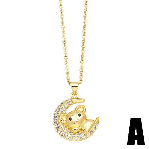 1 Piece Cute Little Bear Copper Plating Inlay Zircon 18K Gold Plated Pendant Necklace