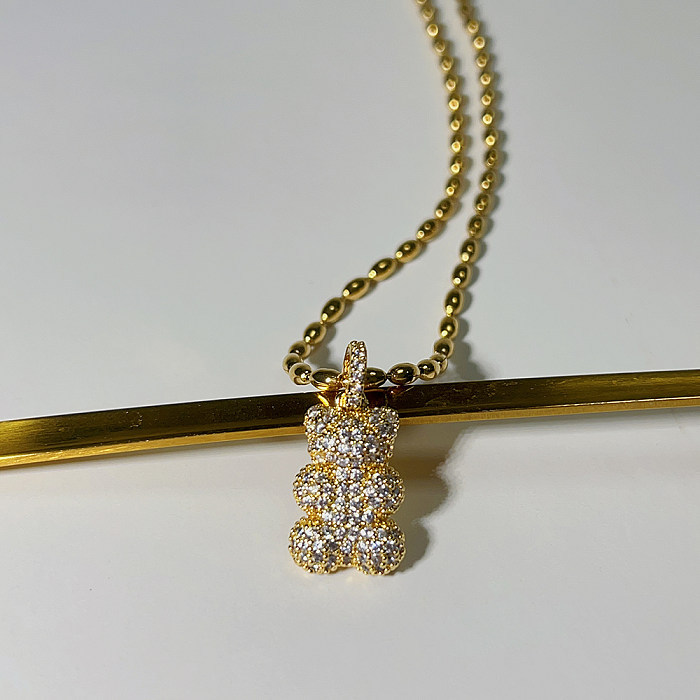Streetwear pequeno urso aço inoxidável chapeamento de cobre incrustação zircão 18k colar pingente banhado a ouro