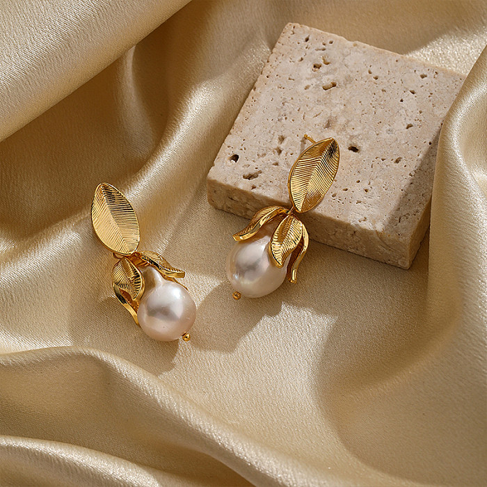 1 Pair Simple Style Leaf Plating Inlay Copper Pearl 18K Gold Plated Drop Earrings
