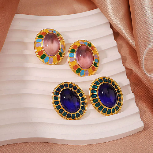 1 Pair Classical Retro Commute Oval Painted Plating Copper 18K Gold Plated Ear Studs