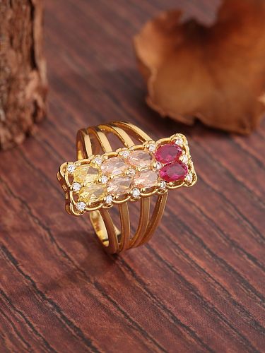 Übertriebene, luxuriöse, süße, rechteckige offene Ringe mit Kupferschichtüberzug und Inlay aus Zirkon und 18-karätigem Gold