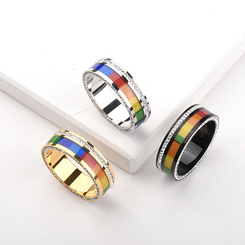 Simple Style Round Titanium Steel Polishing Inlay Zircon Rings