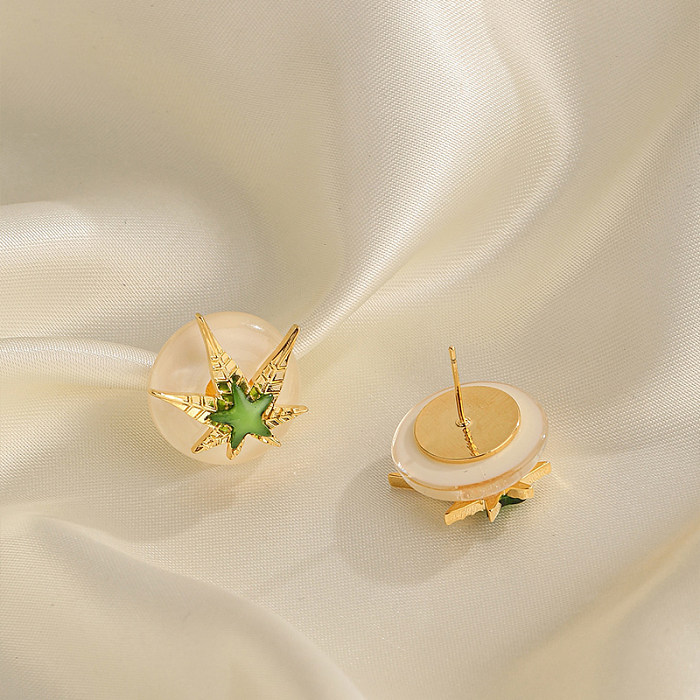 1 par de brincos de cobre esmaltados com folhas de bordo redondas artísticas de estilo simples