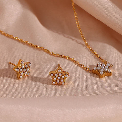 Collier de boucles d'oreilles élégant pentagramme en acier inoxydable avec incrustation de perles plaquées or 18 carats