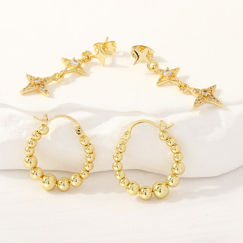 1 paire de boucles d'oreilles pendantes en cuivre et Zircon plaqué or 18 carats, Style Simple et décontracté, incrustation d'étoile