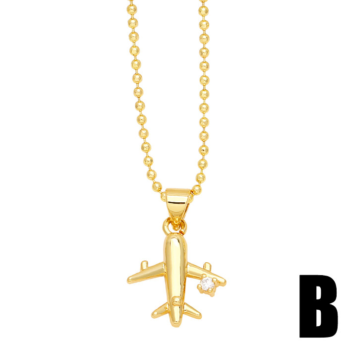 IG Style Cool Style Airplane Copper 18K Gold Plated Zircon Pendant Necklace In Bulk
