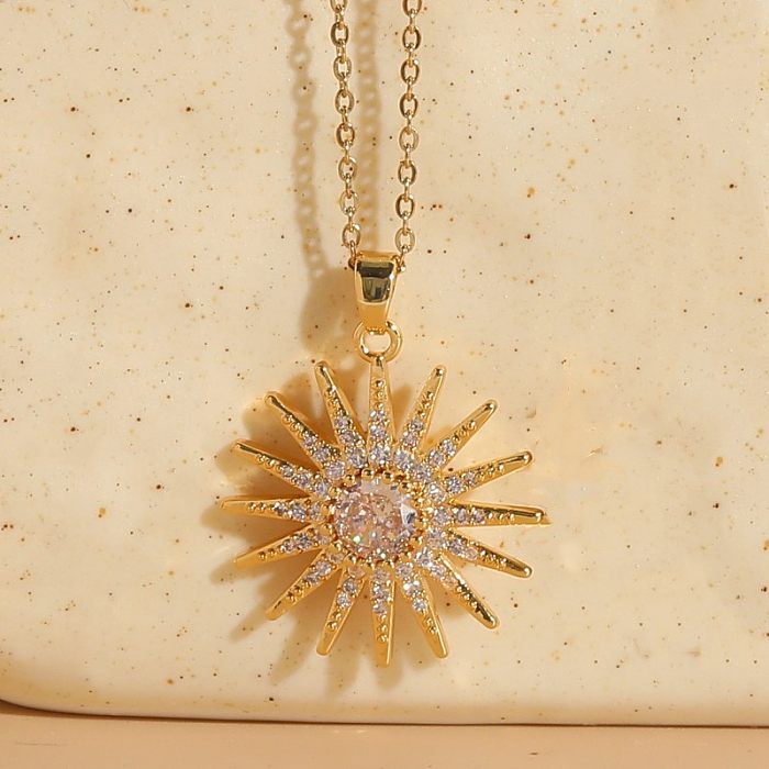 Classic Style Shiny Sun Copper Plating Inlay Zircon 14K Gold Plated Pendant Necklace