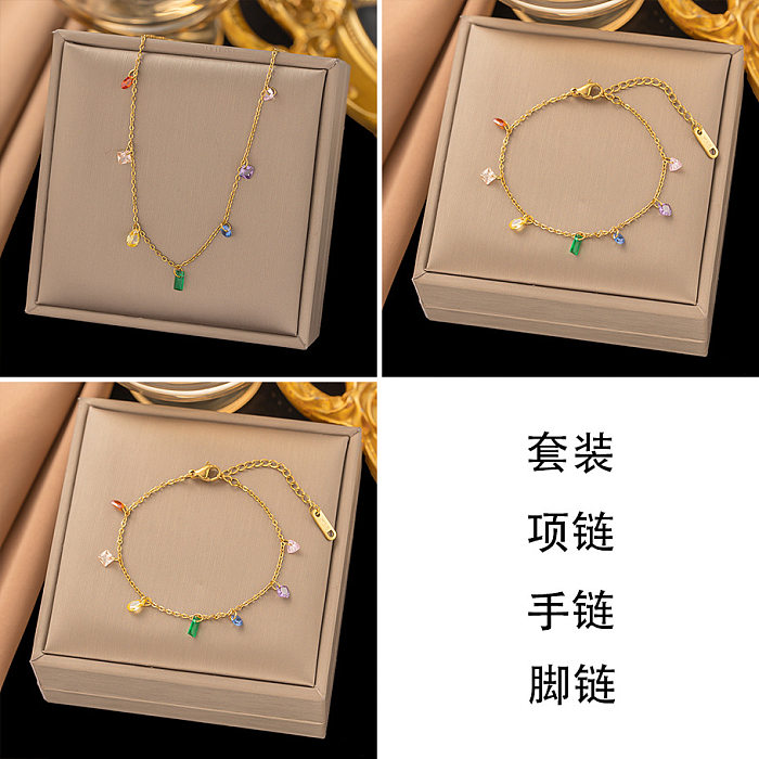 Sweet Oval Rectangle Titanium Steel Inlay Zircon Bracelets Necklace