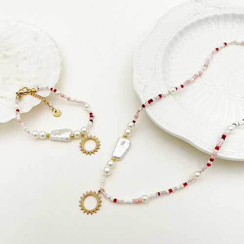 Vintage-Stil, römischer Stil, Sonne, Edelstahl, Nachahmung von Perlen, Perlenbeschichtung, vergoldete Armbänder, Halskette