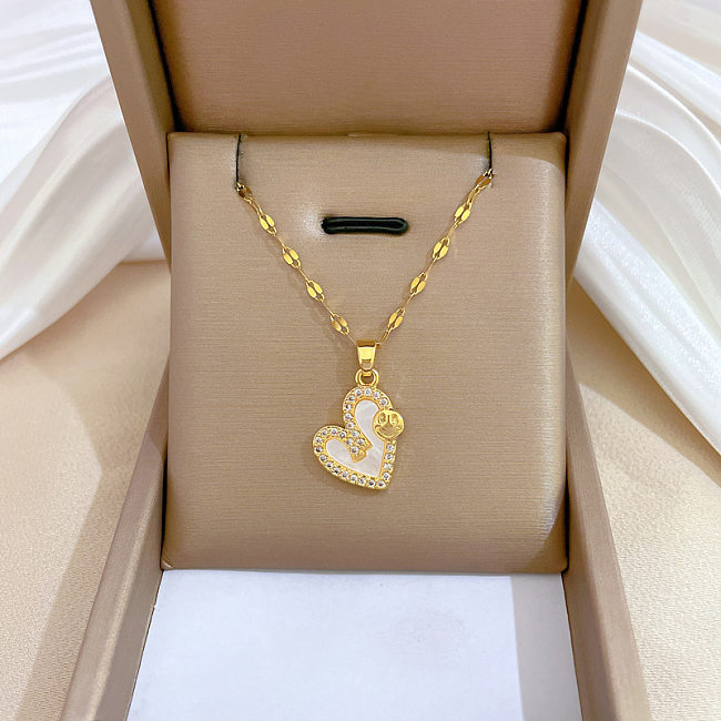 Elegant Glam Heart Shape Smiley Face Titanium Steel Copper Inlay Shell Zircon Pendant Necklace