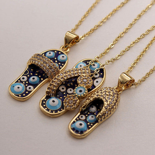 Ethnic Style Slippers Eye Copper Inlay Zircon 18K Gold Plated Pendant Necklace