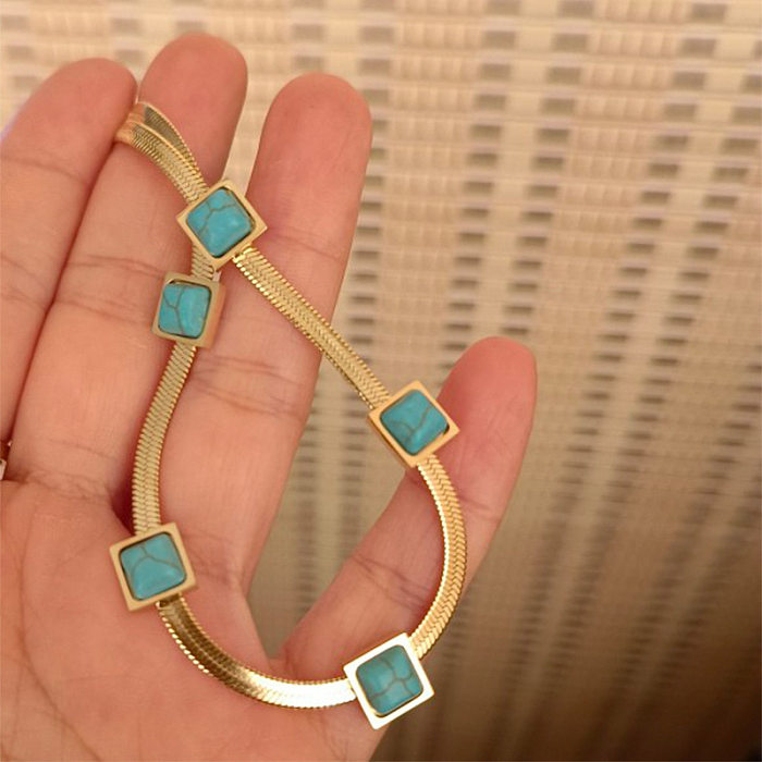 Style vintage carré titane acier placage incrustation turquoise plaqué or 18 carats bracelets collier