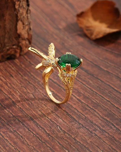 Offene Ringe im Vintage-Stil mit übertriebenen, luxuriösen Tier-Vogel-Verkupferungseinlagen, Zirkon, 18 Karat vergoldet