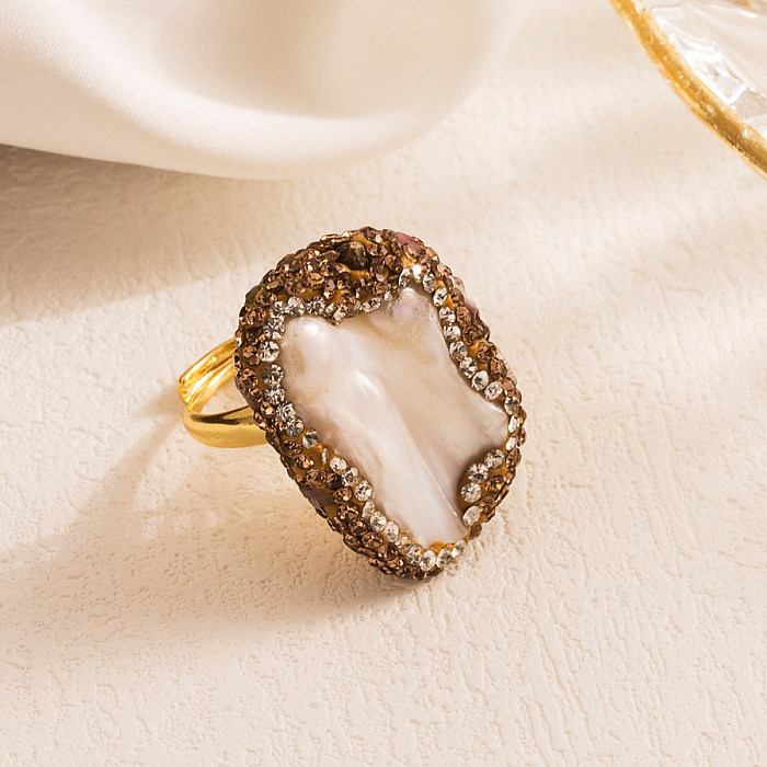 Vacation Oval Copper Irregular Plating Inlay Pearl Zircon Gold Plated Open Ring