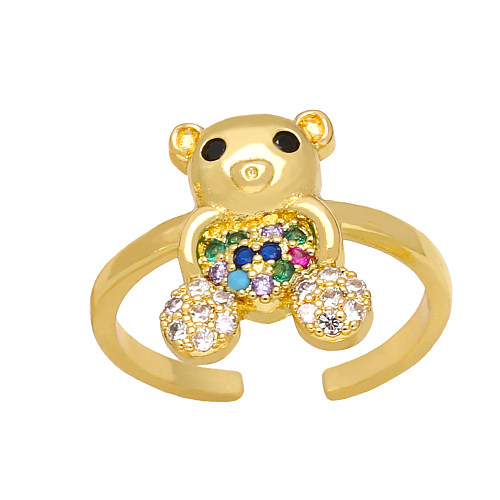 Cute Fashion Sweet Bear Copper Plating Inlay Zircon 18K Gold Plated Open Rings