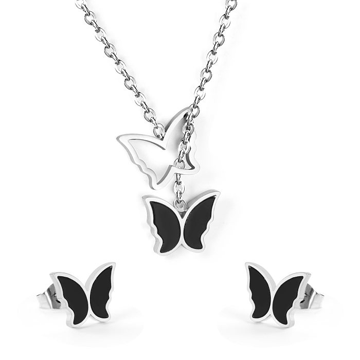 Schlichter Stil mit Schmetterlings-Ohrringen und Halskette aus Edelstahl