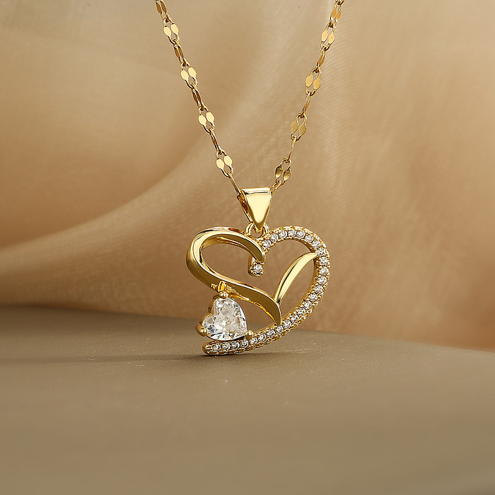 Sweet Heart Shape Copper Plating Inlay Carving Zircon 18K Gold Plated Pendant Necklace