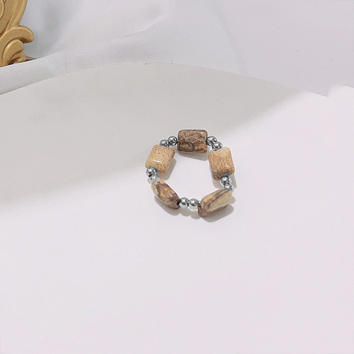 Anéis artesanais de pedra natural de aço inoxidável geométrico retrô 1 peça