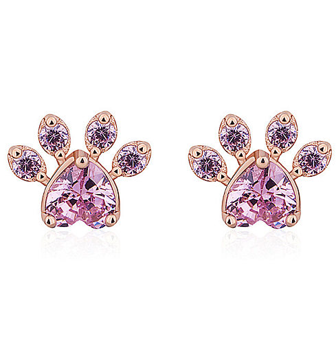 Sweet Paw Print Copper Plating Inlay Zircon Rose Gold Plated Rings Earrings Necklace
