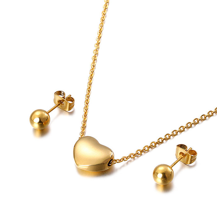 Boucles d'oreilles simples en forme de cœur en acier inoxydable, couleur unie, petites perles rondes, ensemble deux pièces, vente en gros de bijoux