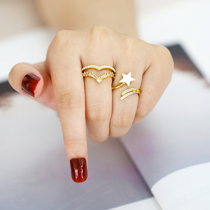 Simple Style Shiny Pentagram Heart Shape Copper Plating Inlay Zircon 18K Gold Plated Open Rings
