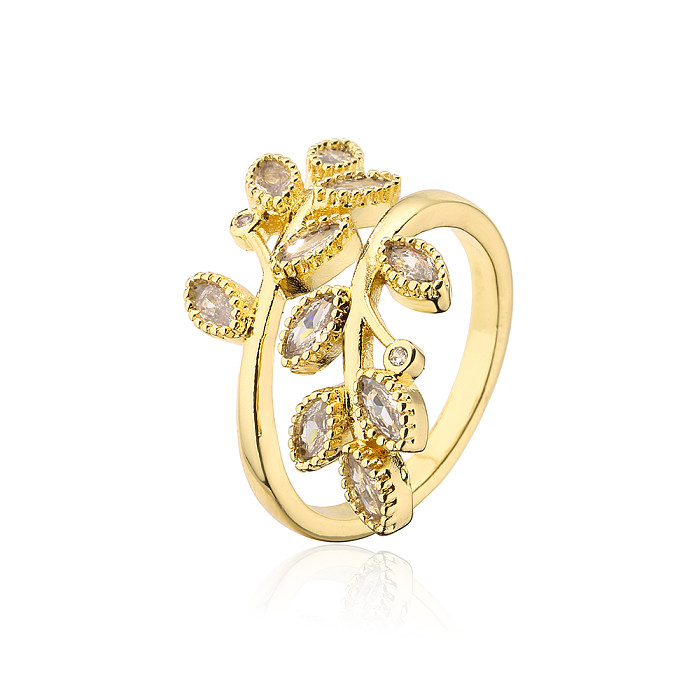 Anel aberto de cobre de folha de moda anéis de cobre de zircão banhados a ouro