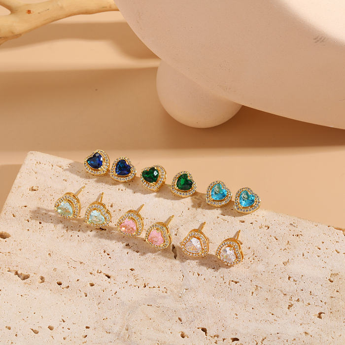 1 Pair Elegant Glam Heart Shape Plating Inlay Copper Zircon 14K Gold Plated Ear Studs