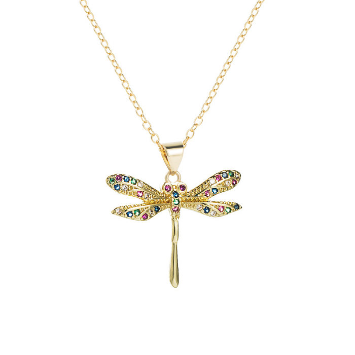 Modische Halskette mit Libellen-Anhänger aus 18-karätigem Gold mit Zirkon-Intarsien und Mikro-Intarsien