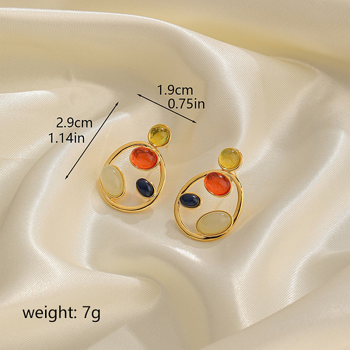 1 Pair Retro Circle Round Inlay Copper Natural Stone Resin Agate Ear Studs