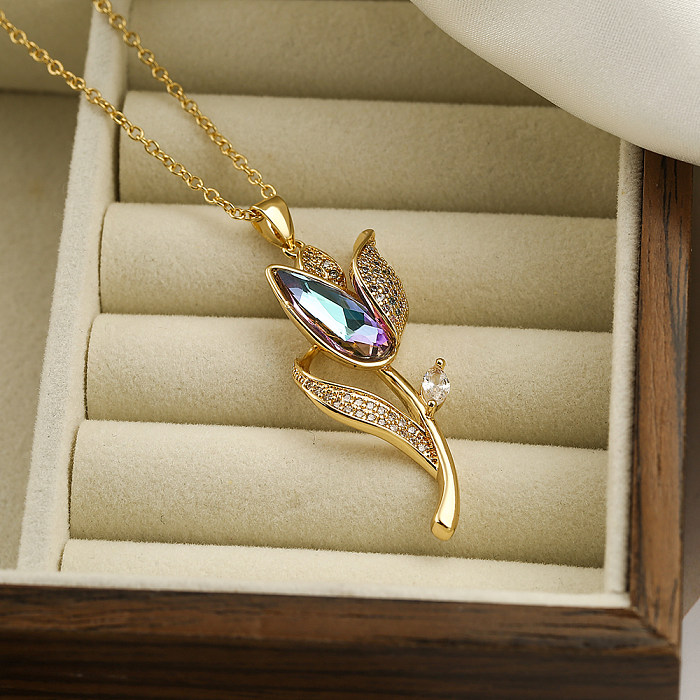 Elegant Flower Stainless Steel Copper Plating Inlay Zircon 18K Gold Plated Pendant Necklace