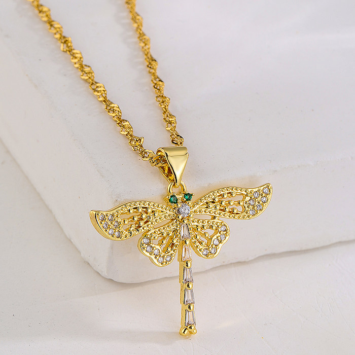 Fashion Dragonfly Butterfly Copper Gold Plated Zircon Pendant Necklace 1 Piece