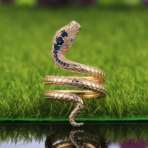 Creative Snake-shaped Inlaid Sapphire Blue Zircon Unisex Copper Ring Jewelry