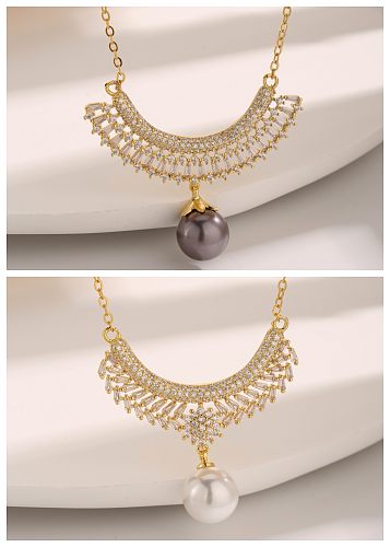 Vintage Style Luxurious French Style Flower Artificial Pearl Copper 18K Gold Plated Zircon Pendant Necklace In Bulk