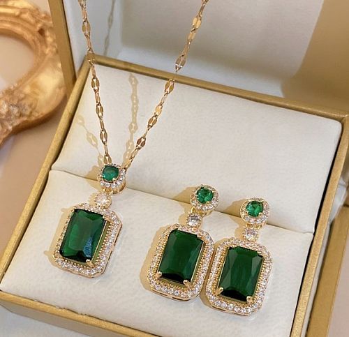 Vintage Style Luxurious Geometric Copper Inlay Artificial Crystal Zircon Earrings Necklace