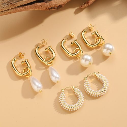 1 Pair IG Style Geometric Pearl Plating Inlay Copper Pearl 14K Gold Plated Earrings