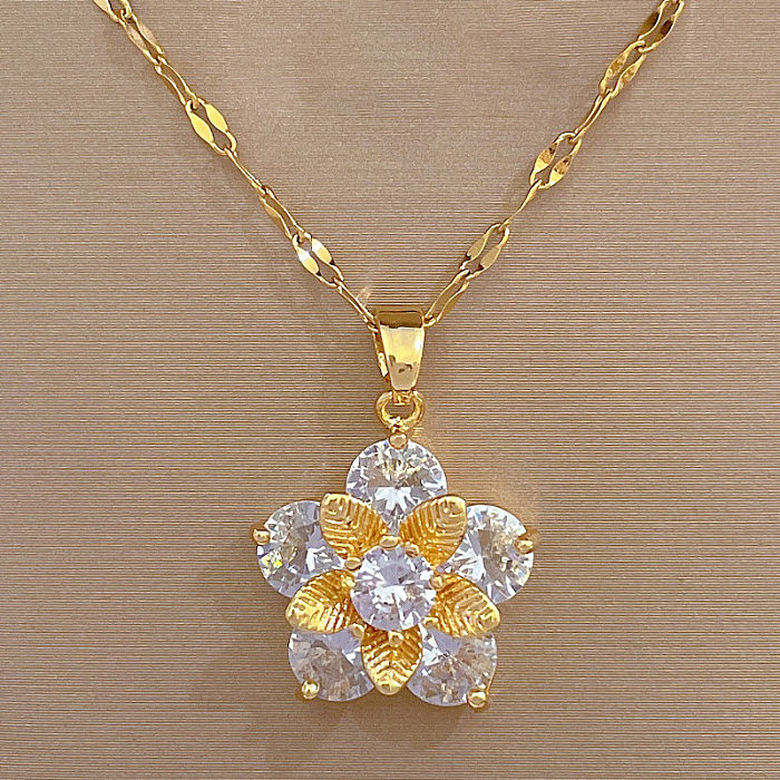 Luxuriöse Blumen-Titanstahl-Kupfer-Inlay-Zirkon-Ohrringe-Halskette