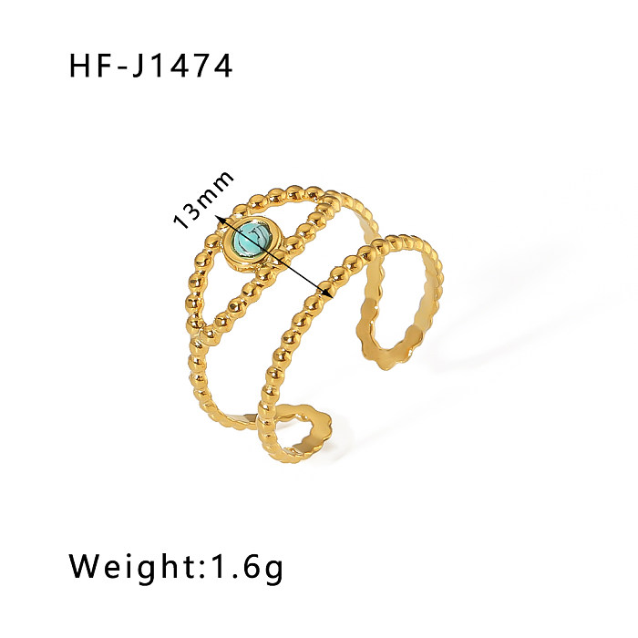 Básico estilo vintage redondo chapeamento de aço inoxidável embutido pedra natural anéis abertos banhados a ouro 18K