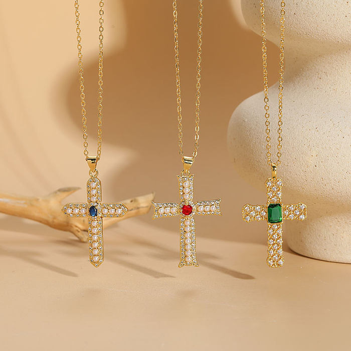Elegante, luxuriöse, klassische Kreuz-Kupfer-Inlay-Perlen-Zirkon-Anhänger-Halskette mit 14-Karat-Vergoldung
